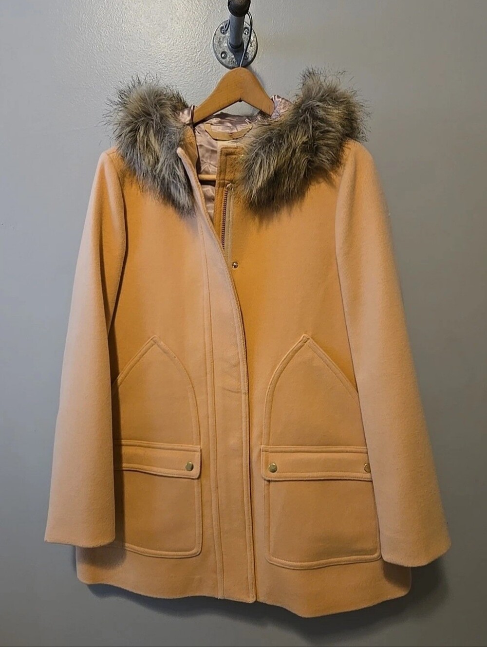 J. Crew Chaleau Parka Jacket Coat Women's SZ. 14  Peach Fur Trim Hood Wool Blend